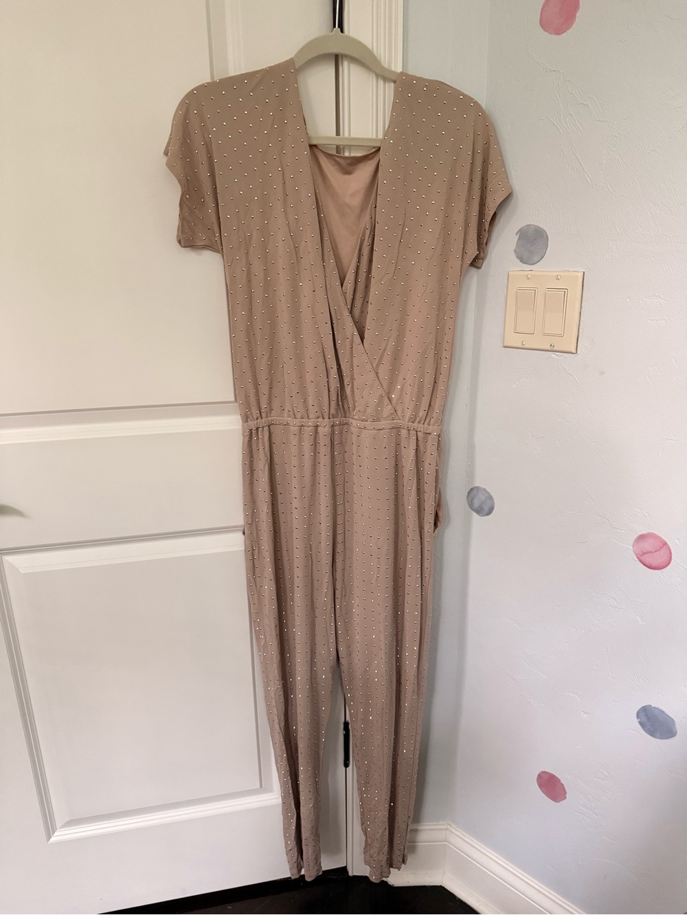 Trina Turk Taupe Short Sleeve V-Neck Jumpsuit with Subtle Studs